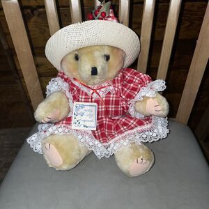 Country Cozy’s Vintage Christmas Bear Holly Hat Lace Red & White  Plaid Dress